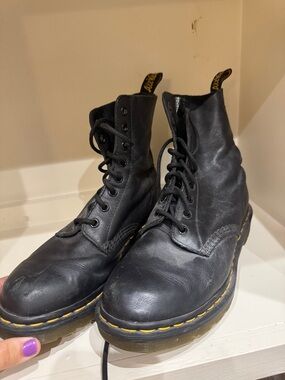 Dr. Martens Black Leather Lace-Up Combat Boots with Yellow Stitching